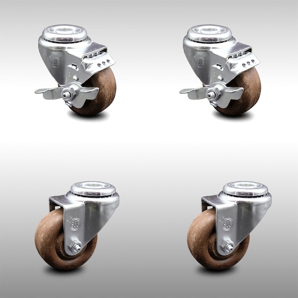 3 Inch SS High Temp Glass Filled Nylon Swivel Bolt Hole Caster Set with 2 Brakes